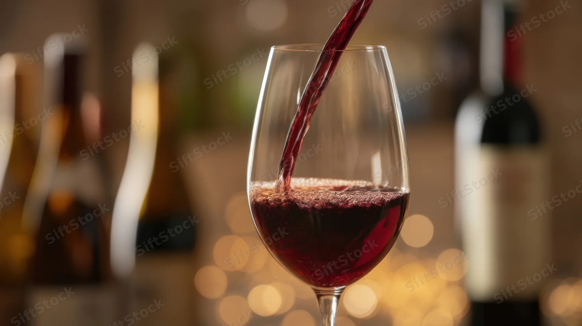 Red wine being poured into a glass at a bar with blurred bottles and warm lights in the background