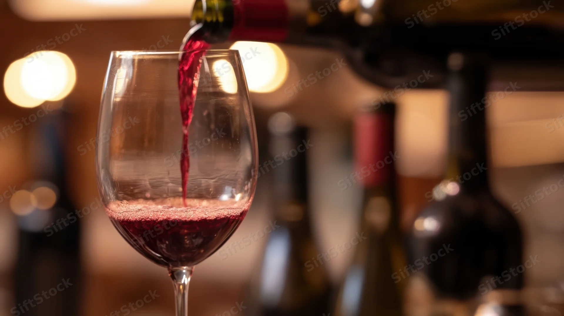 Red wine being poured into a glass at a dimly lit bar