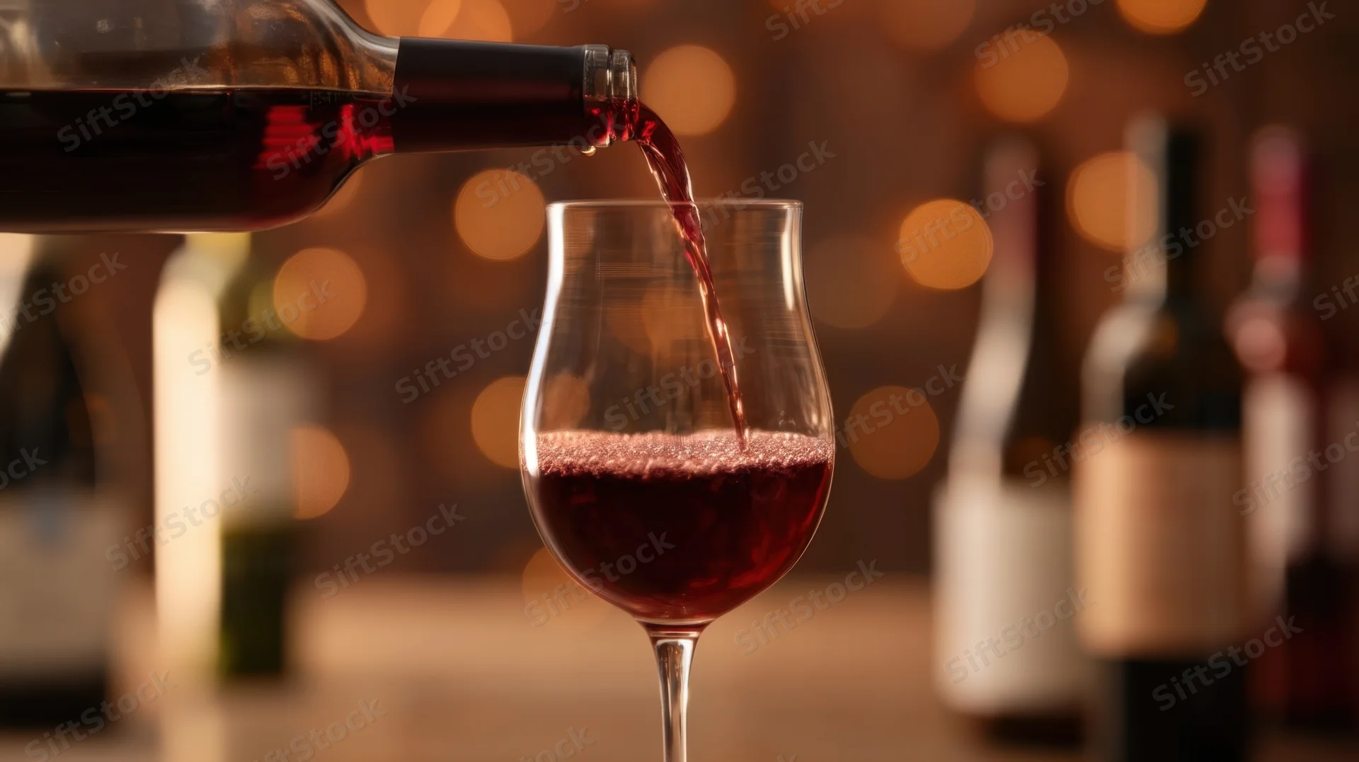 Red wine being poured into a glass from a bottle in a warmly lit setting with blurred bottles and lights in the background