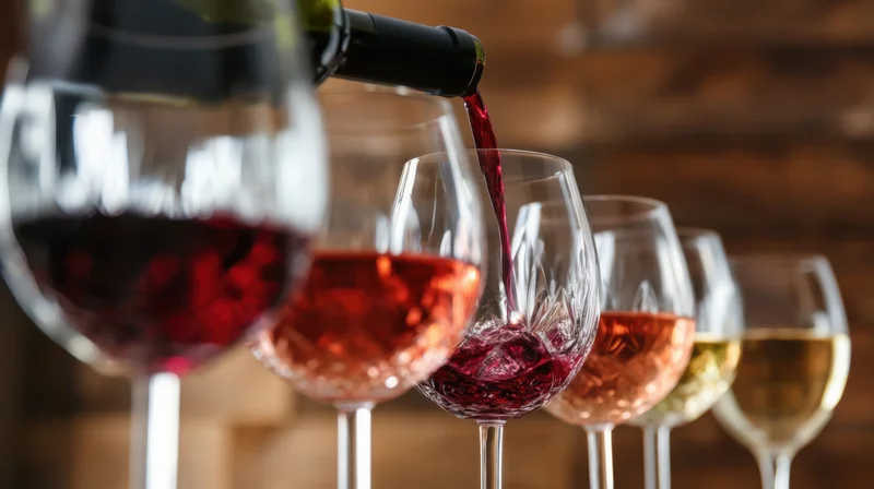 Red wine being poured into a row of glasses on a wooden surface