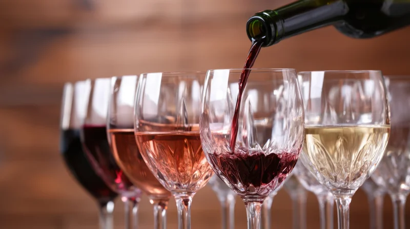 Red wine being poured into a row of crystal glasses on a wooden surface