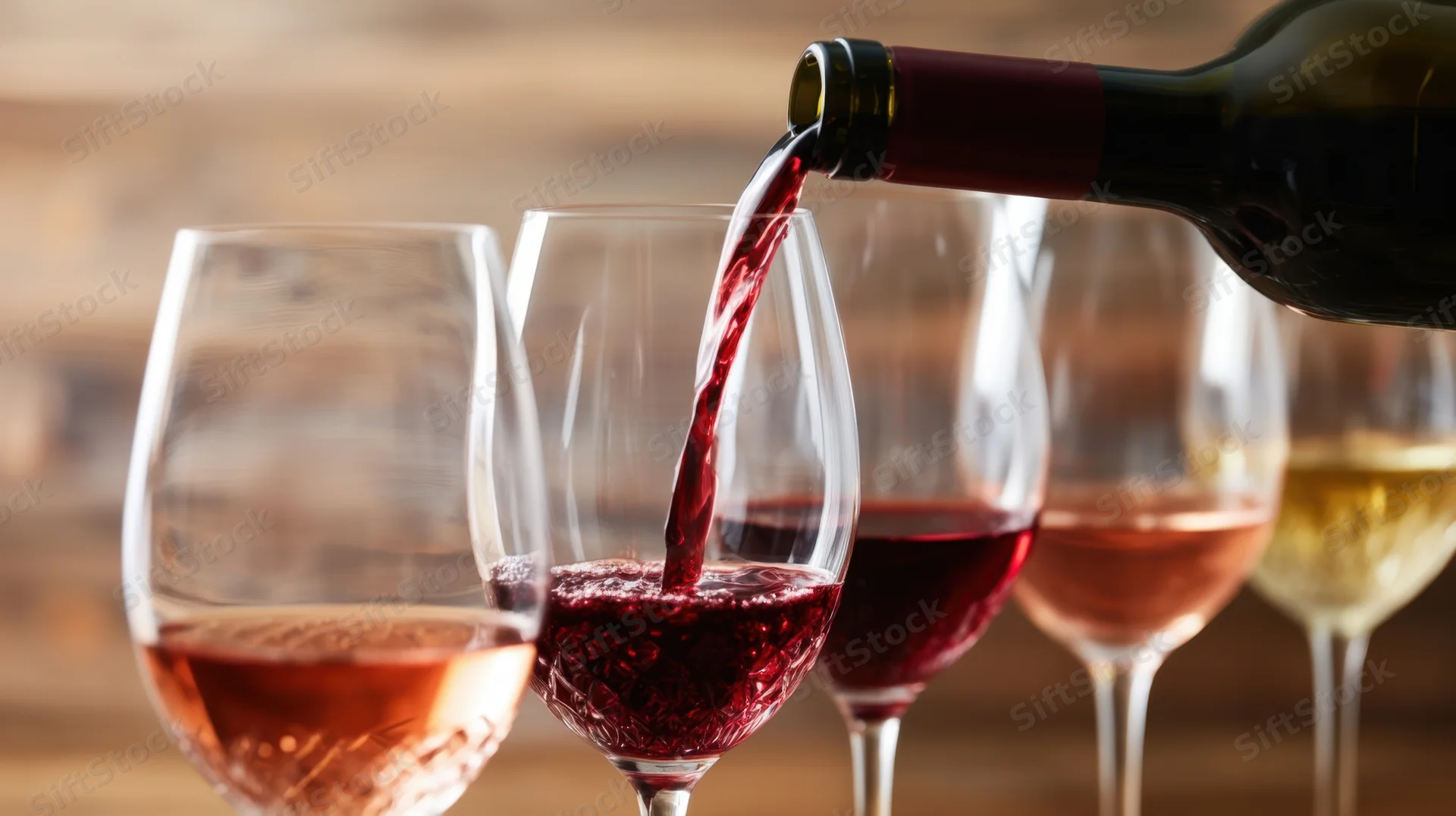 Red wine being poured into a glass among a row of wine glasses on a wooden surface