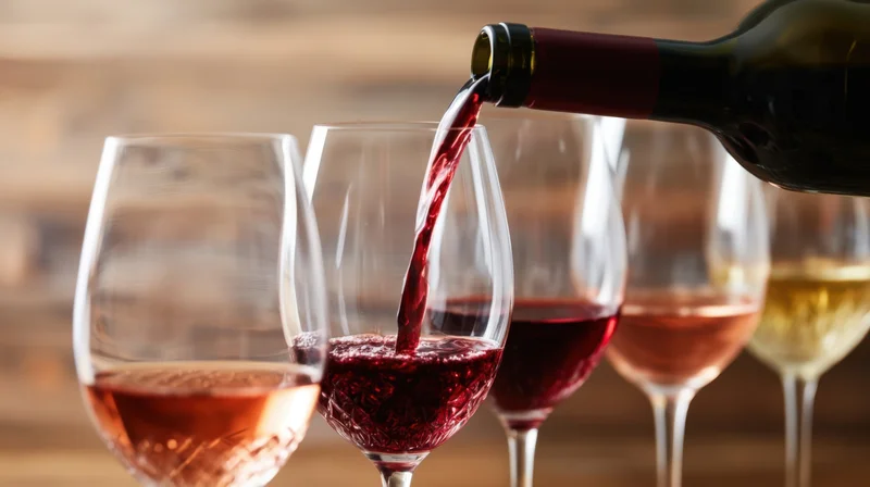 Red wine being poured into a glass among a row of wine glasses on a wooden surface