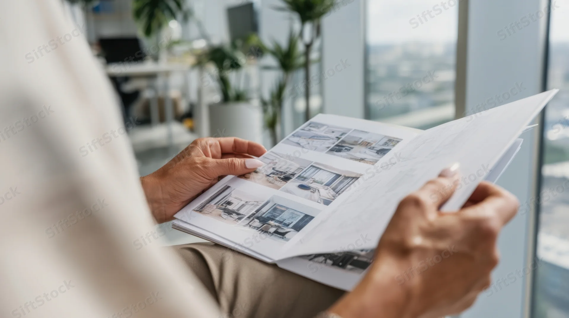 Woman reviewing interior design sketches in an office near a window