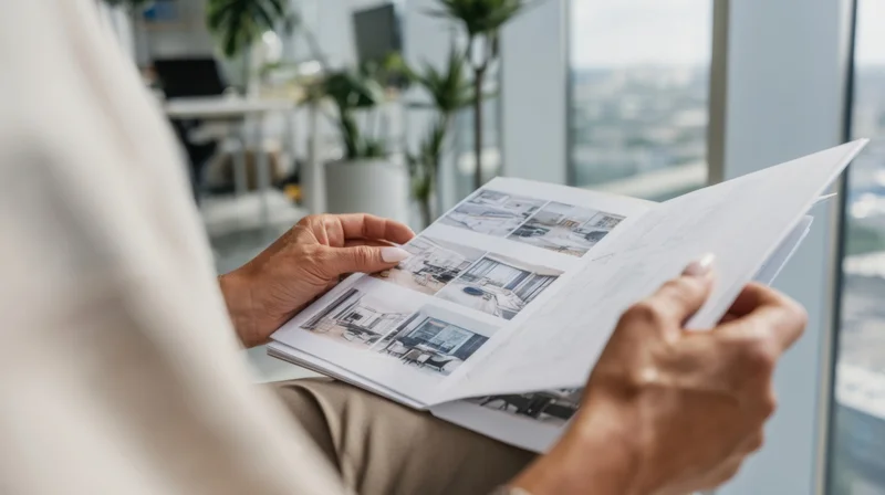 Woman reviewing interior design sketches in an office near a window