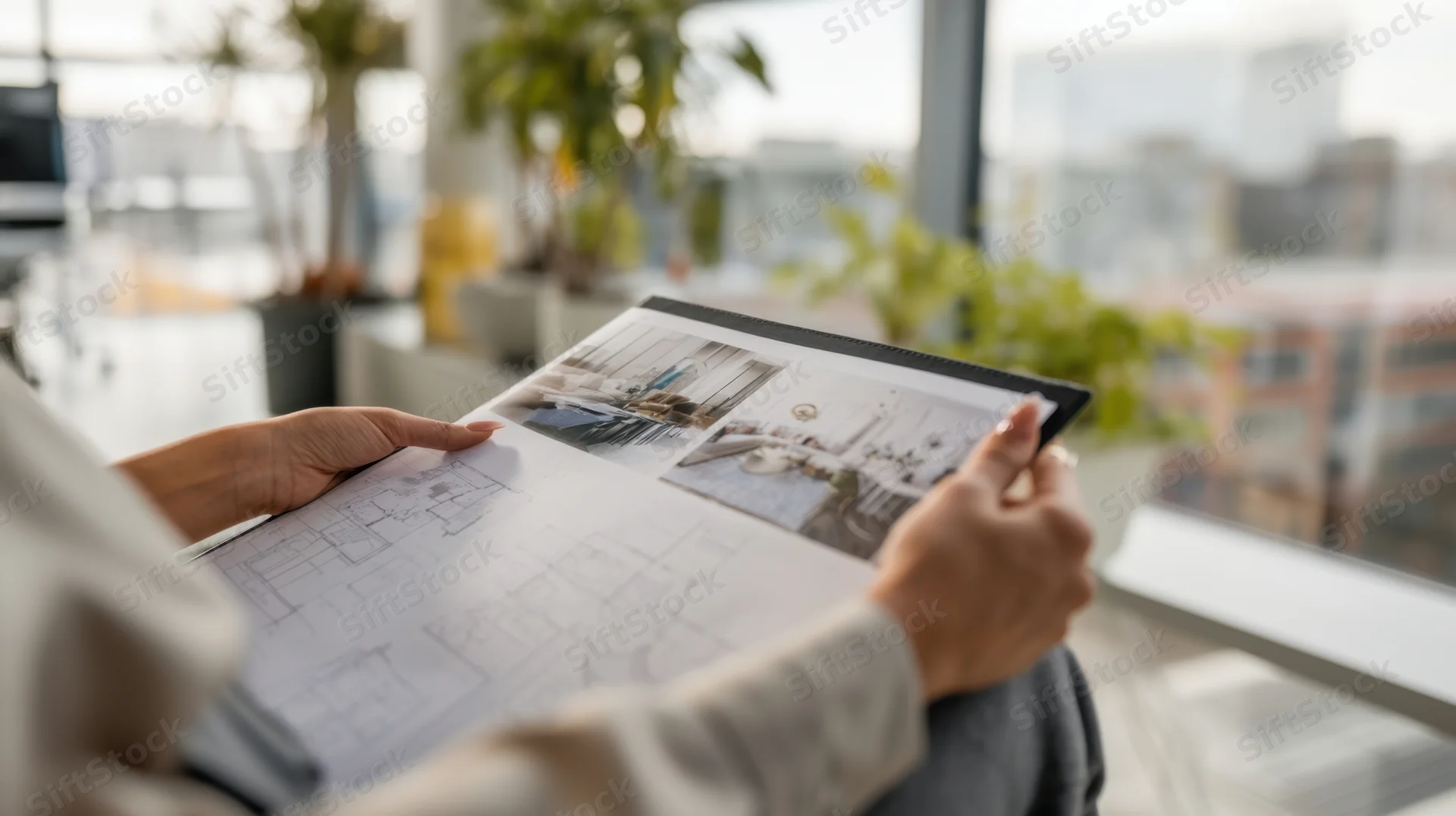 Woman reviewing architectural blueprint and interior design photos in modern office with city view
