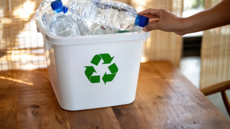 Woman placing plastic bottle into white recycling bin on wooden table