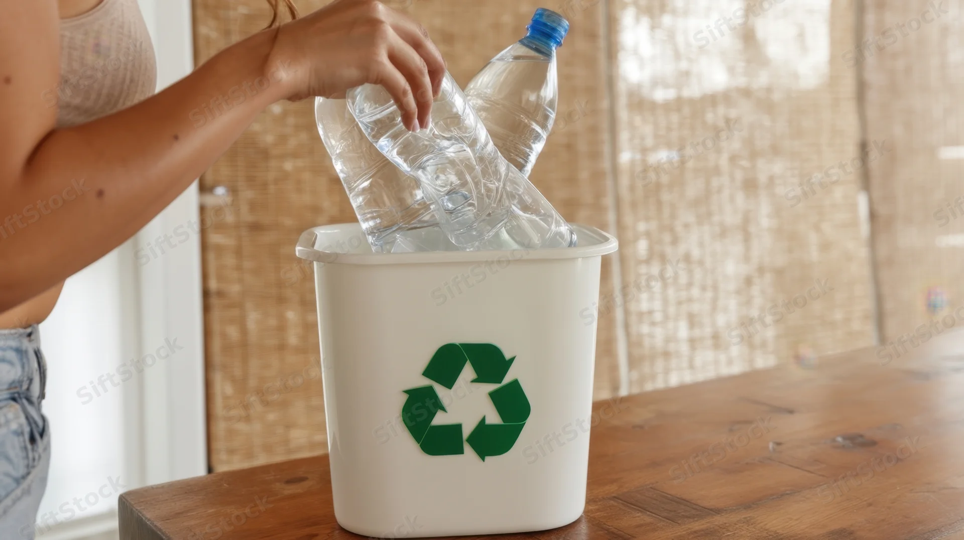 Woman placing plastic bottles into a white recycling bin on a wooden table
