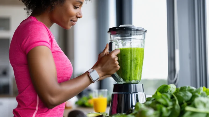 Woman blending a green smoothie in a kitchen with fresh vegetables nearby