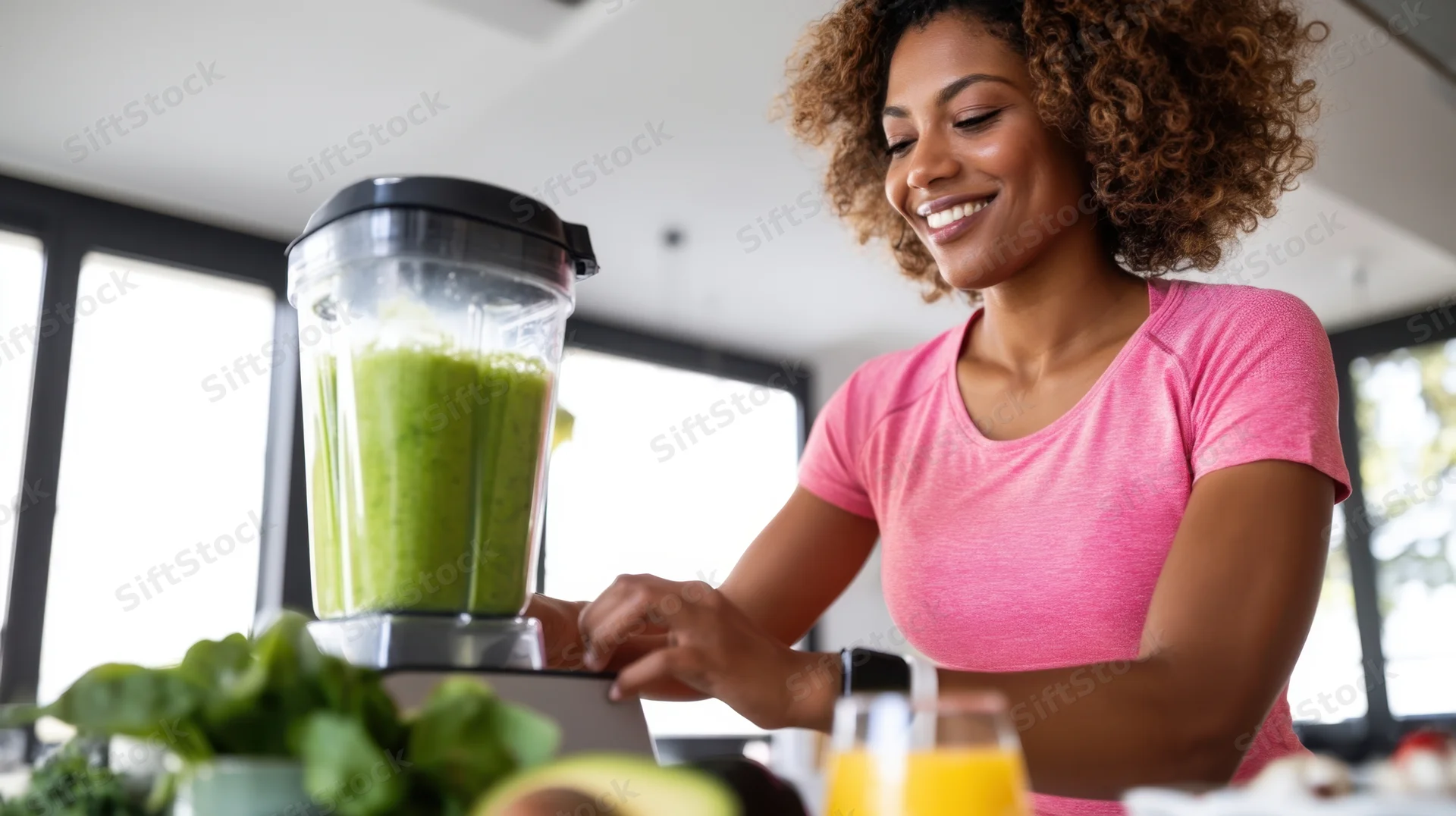 Woman blending a green smoothie in a kitchen with fresh produce on the counter