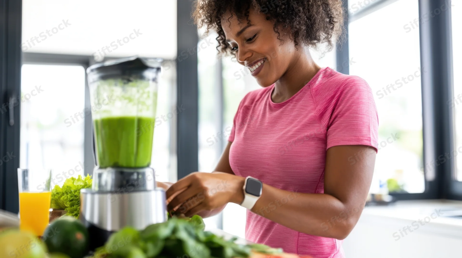 Woman preparing a green smoothie in a modern kitchen with fresh vegetables and a blender
