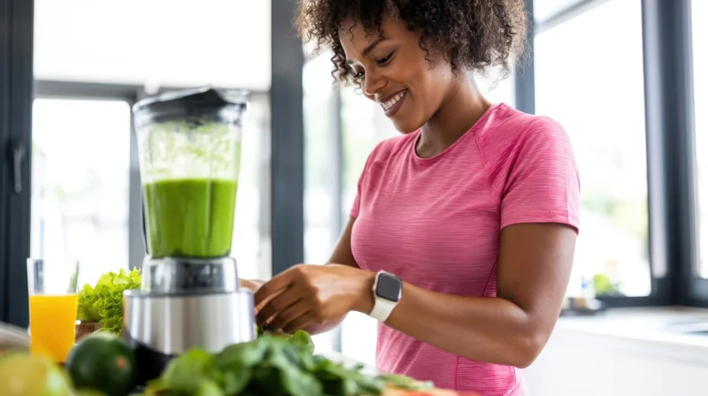 Woman preparing a green smoothie in a modern kitchen with fresh vegetables and a blender