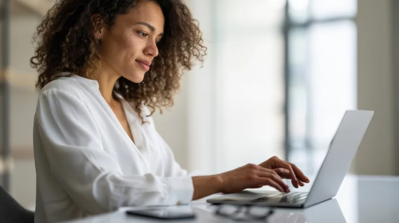 Woman typing on laptop at desk in office setting
