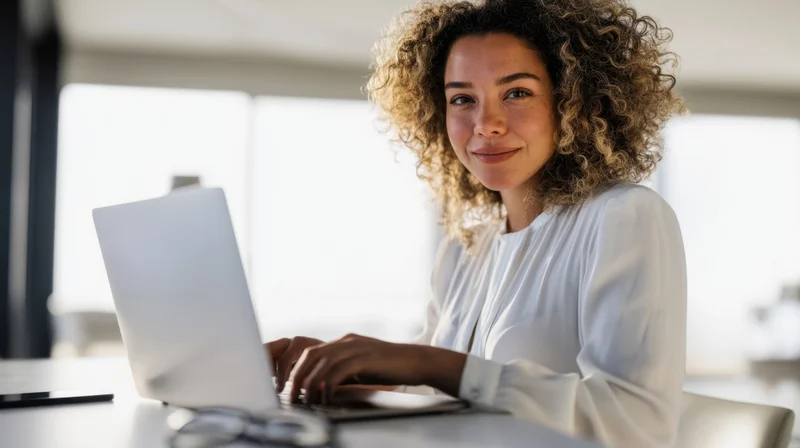 Woman typing on laptop at office desk smiling toward camera