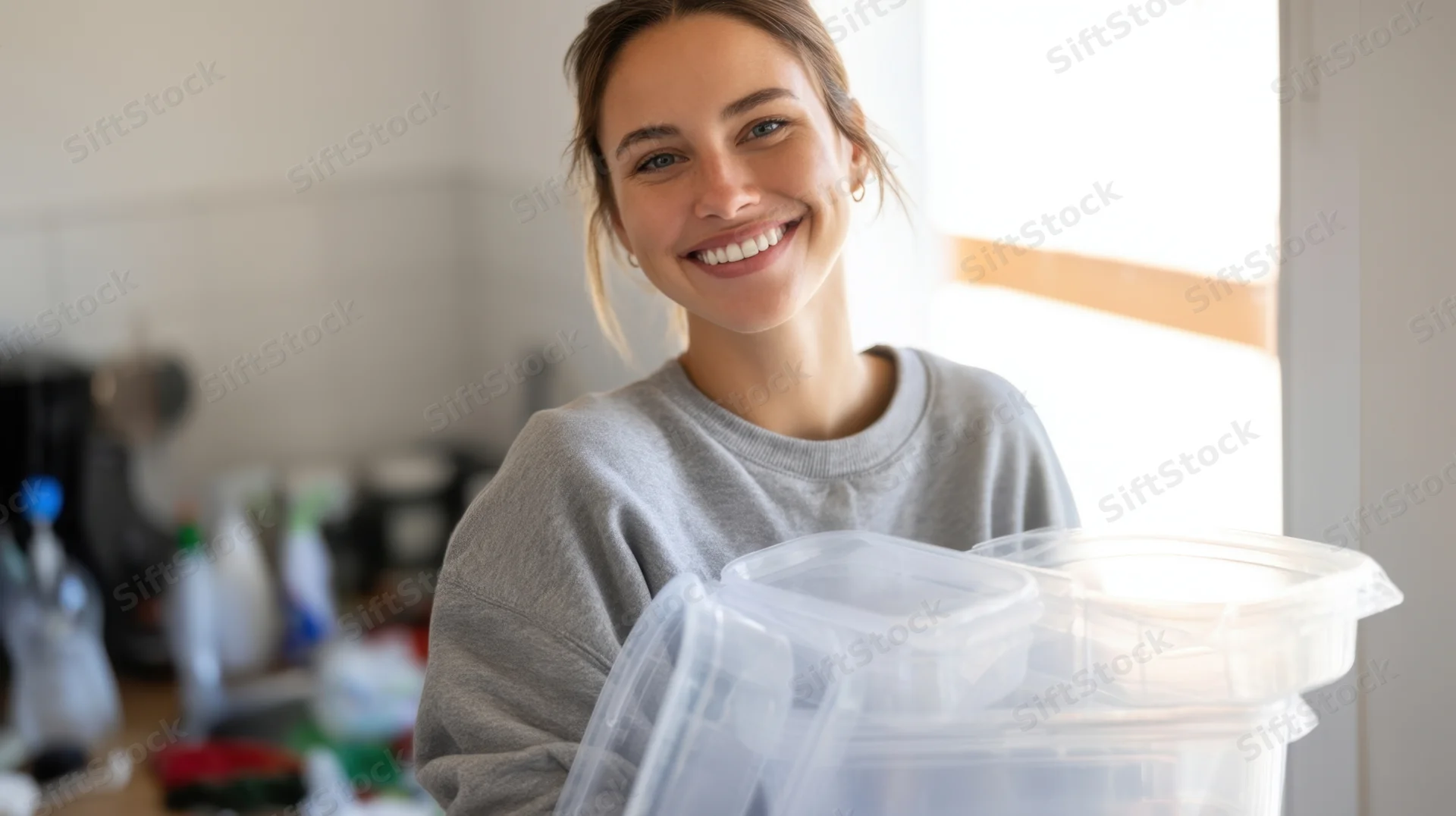 Woman smiling while holding plastic storage containers in a kitchen