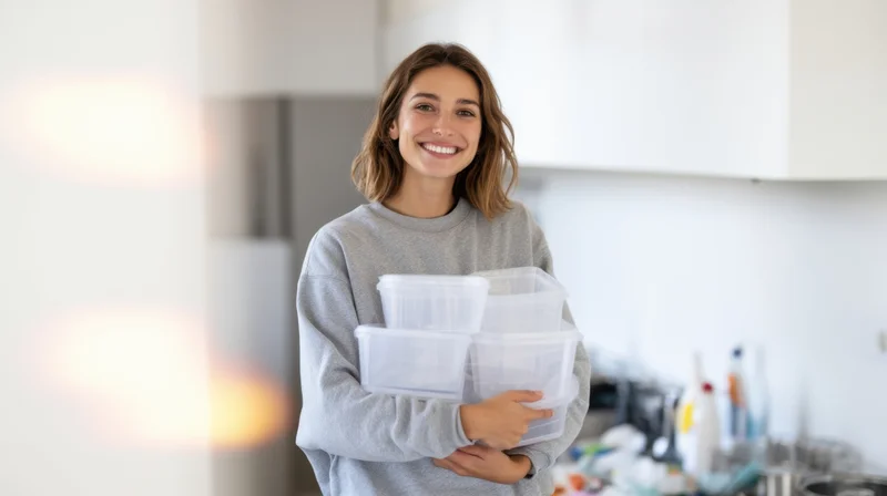 Woman holding stack of plastic food containers in kitchen