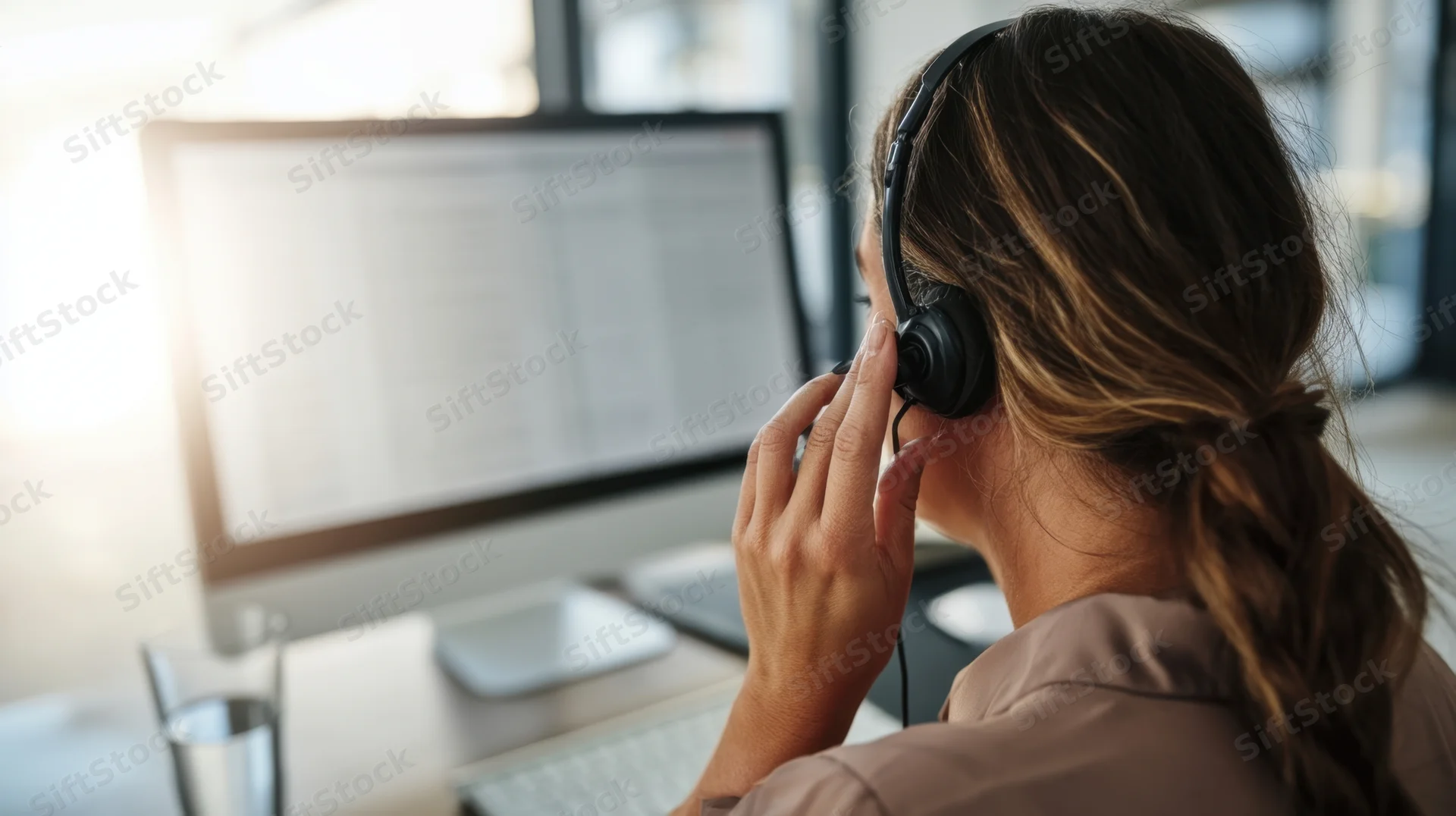 Woman wearing headset at computer in office workspace