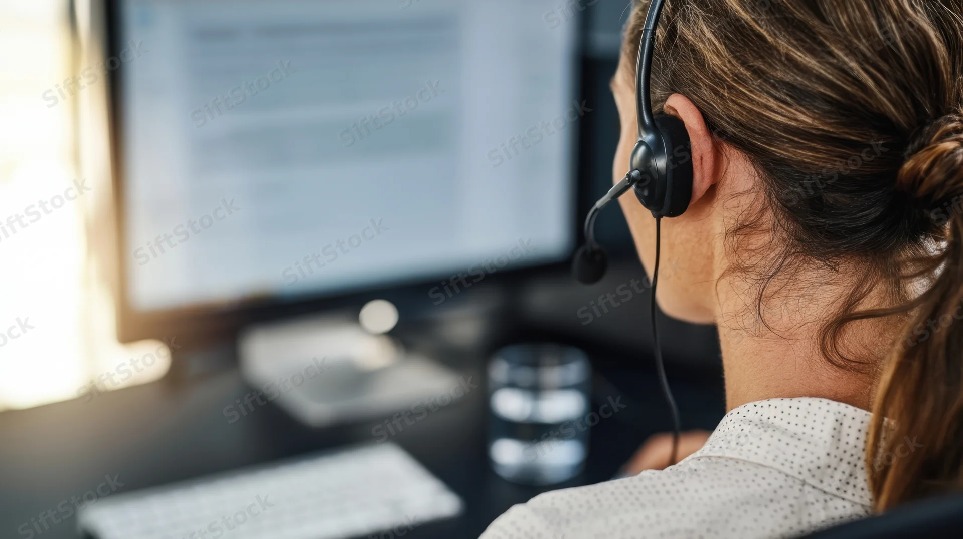 Woman wearing headset working at computer in office setting