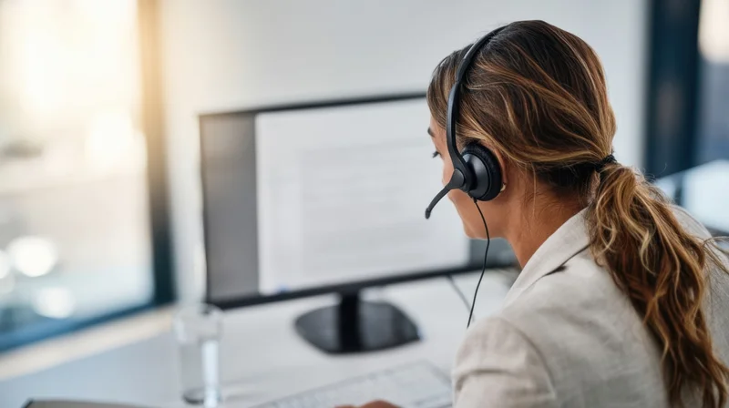 Woman wearing headset working at computer in office