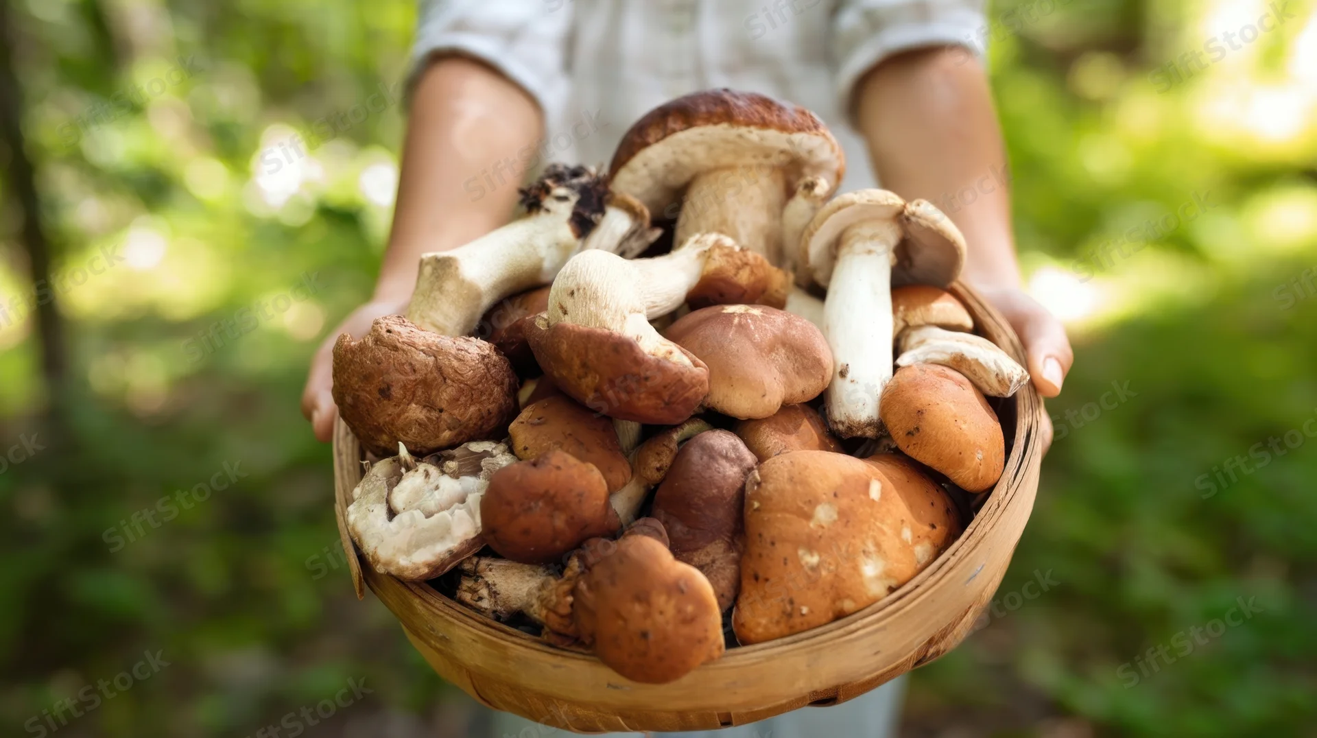 Woman holding a basket full of wild mushrooms in a forest setting