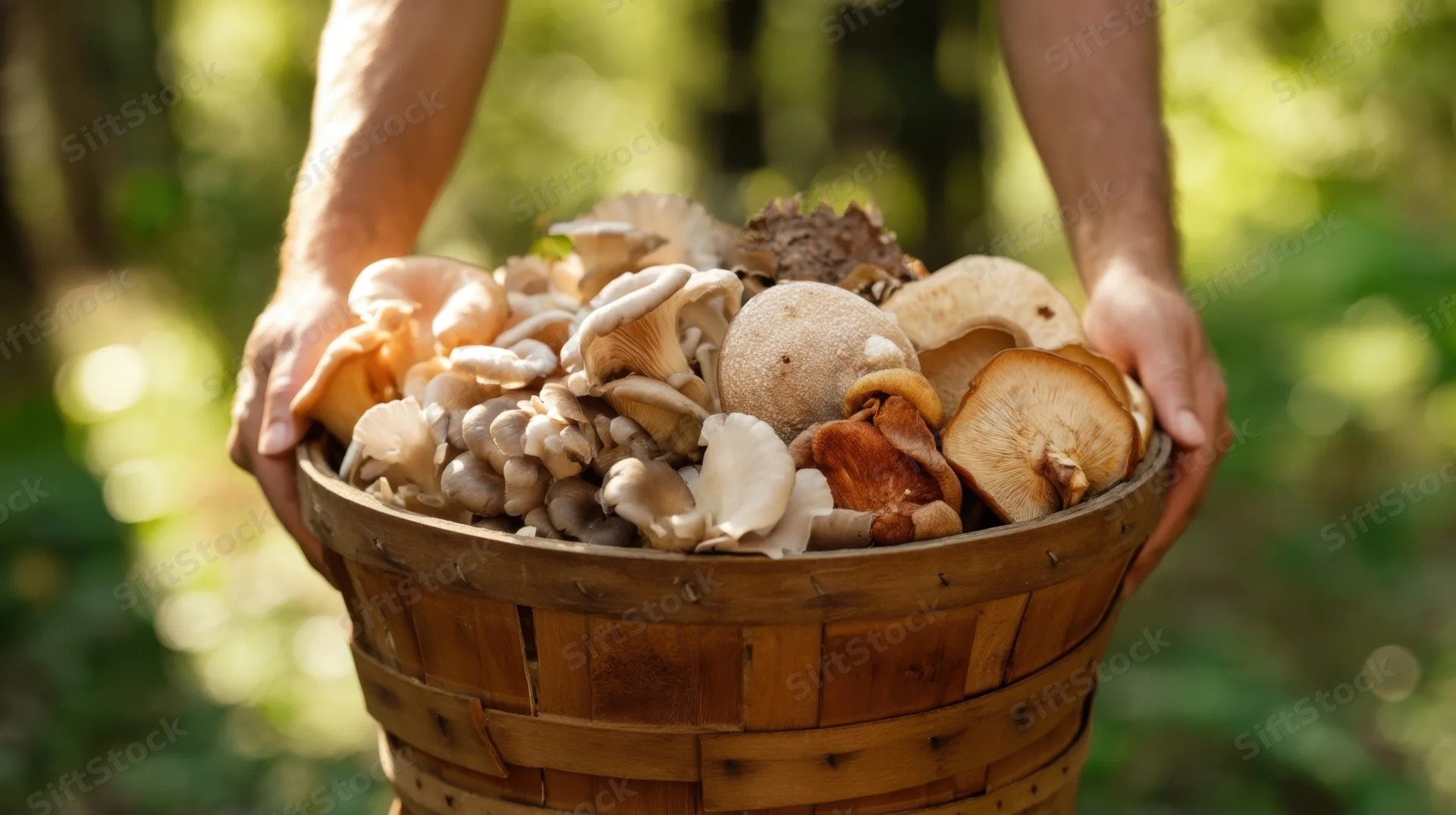 Hands holding a wooden basket full of freshly gathered wild mushrooms in a sunlit forest