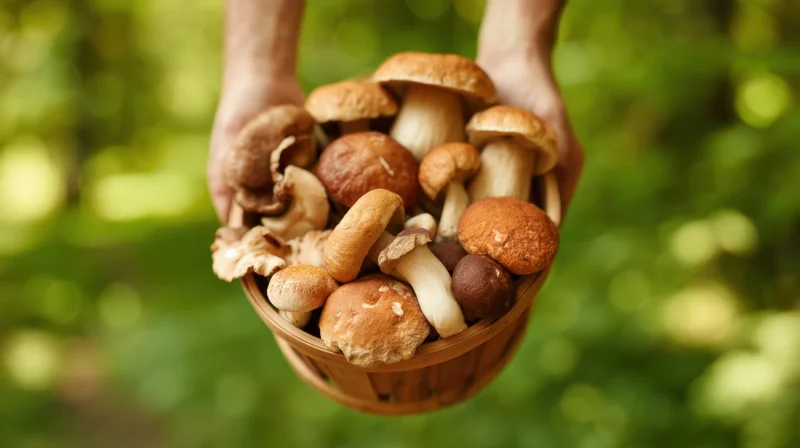 Hands holding a wooden basket full of freshly foraged mushrooms in a forest setting