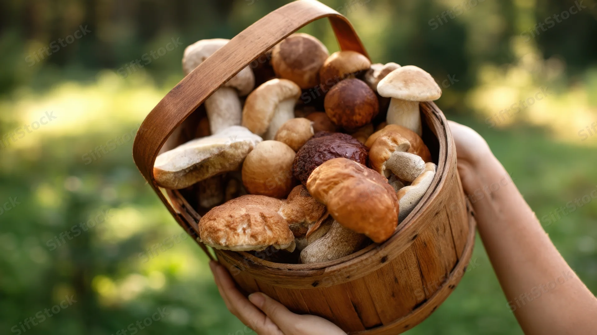 Hands holding a wooden basket filled with freshly gathered wild mushrooms in a forest setting