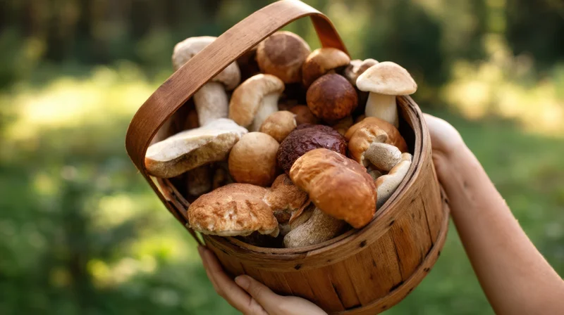 Hands holding a wooden basket filled with freshly gathered wild mushrooms in a forest setting