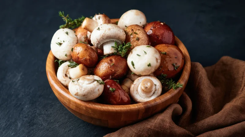 Mixed mushrooms garnished with thyme in a wooden bowl on dark surface