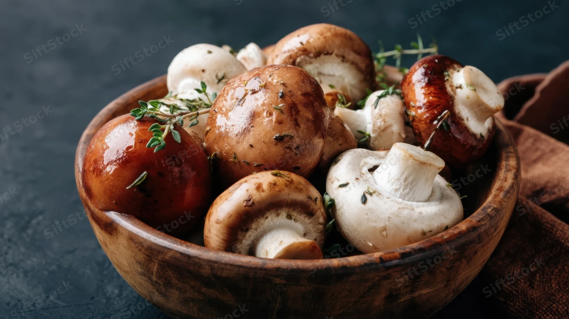 Roasted mushrooms with thyme in a wooden bowl on a dark surface