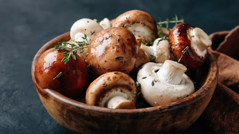 Roasted mushrooms with thyme in a wooden bowl on a dark surface