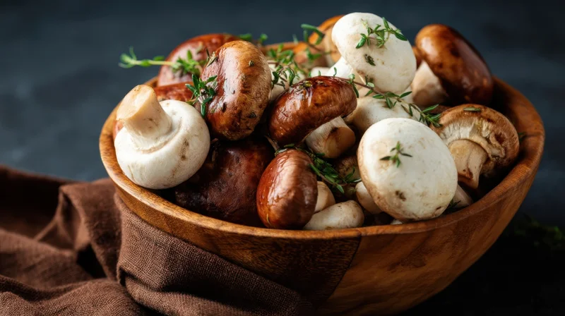 Fresh mushrooms with thyme in a wooden bowl on a brown cloth