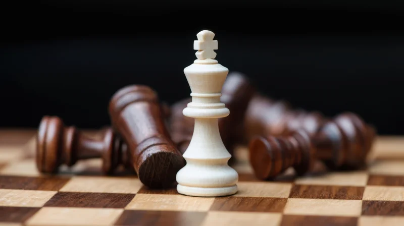 White chess king standing upright on a wooden board with fallen dark pieces around it