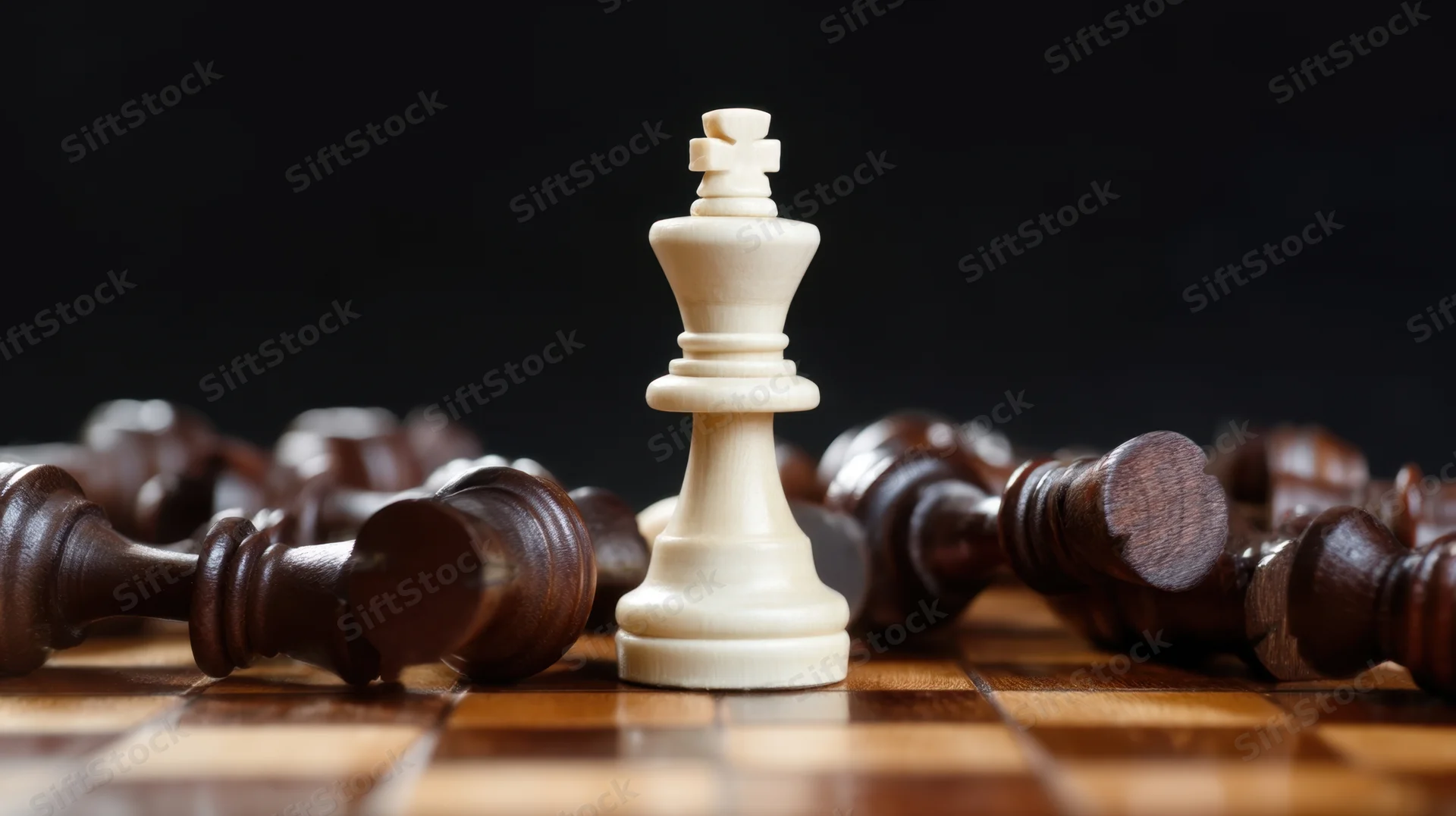 White chess king standing upright on a wooden board surrounded by fallen dark pieces