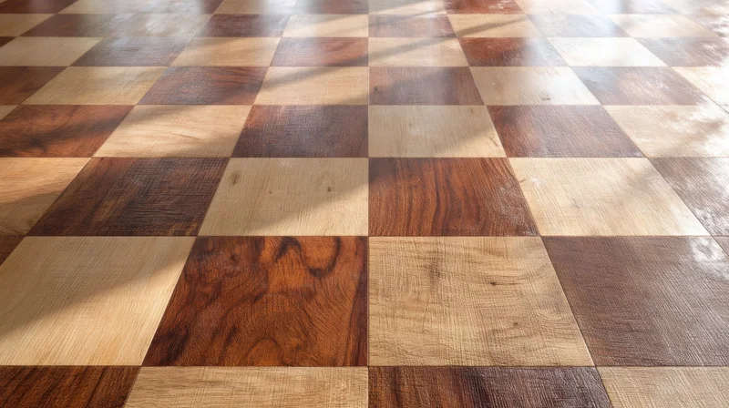 Checkered wooden floor with alternating light and dark planks in a geometric pattern, illuminated by sunlight casting shadows across the surface