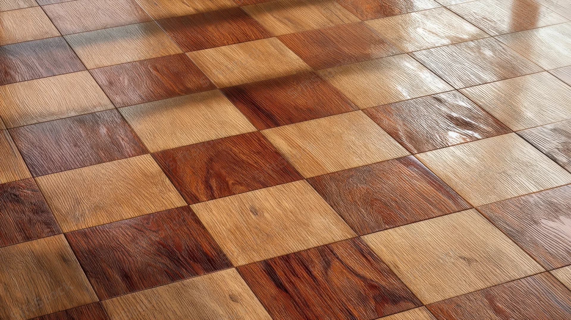 Close-up of a checkered wooden parquet floor with alternating light and dark tiles in a room interior
