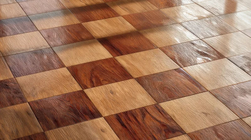 Close-up of a checkered wooden parquet floor with alternating light and dark tiles in a room interior