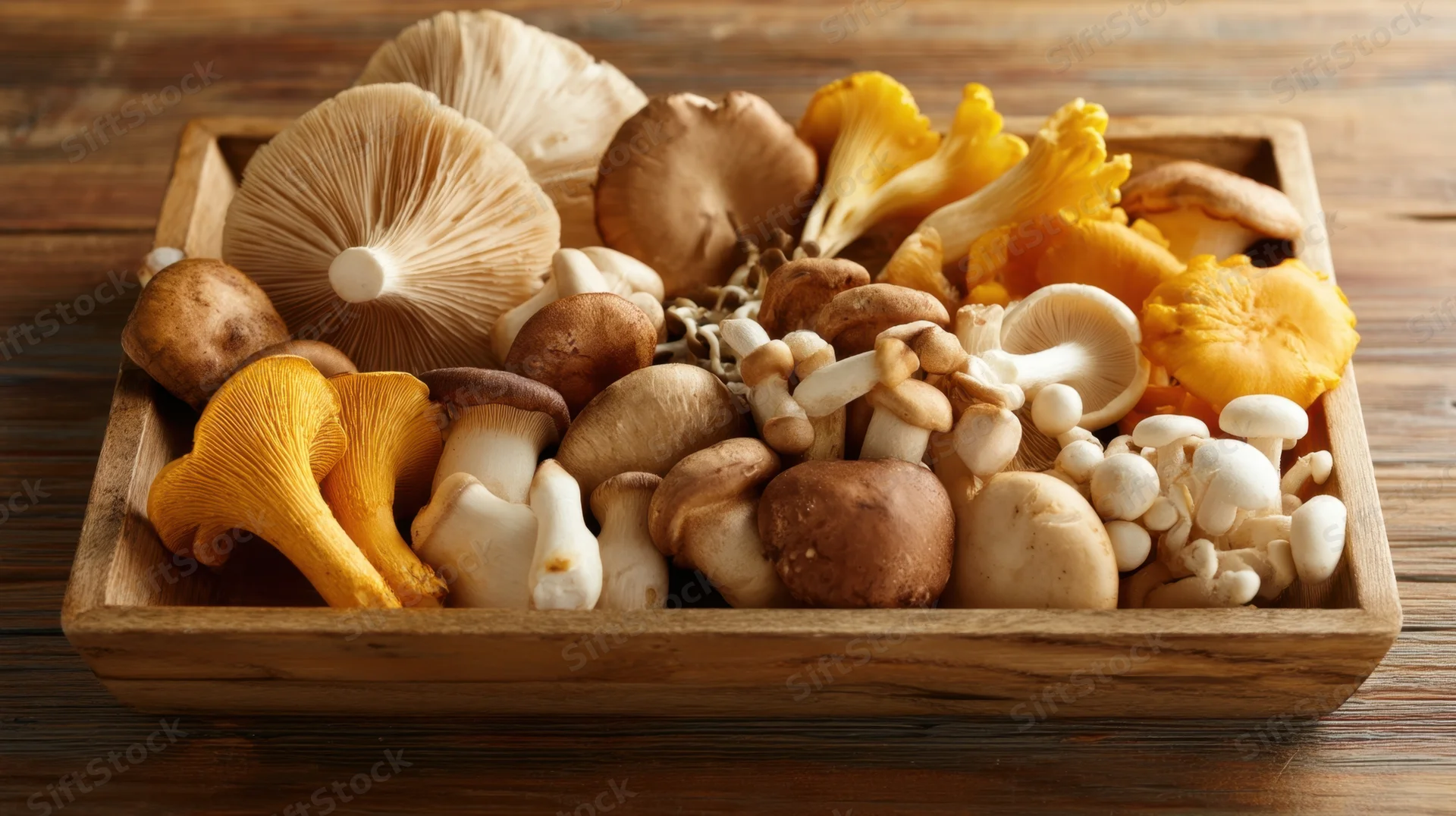 Assorted fresh mushrooms in a wooden tray on a rustic table