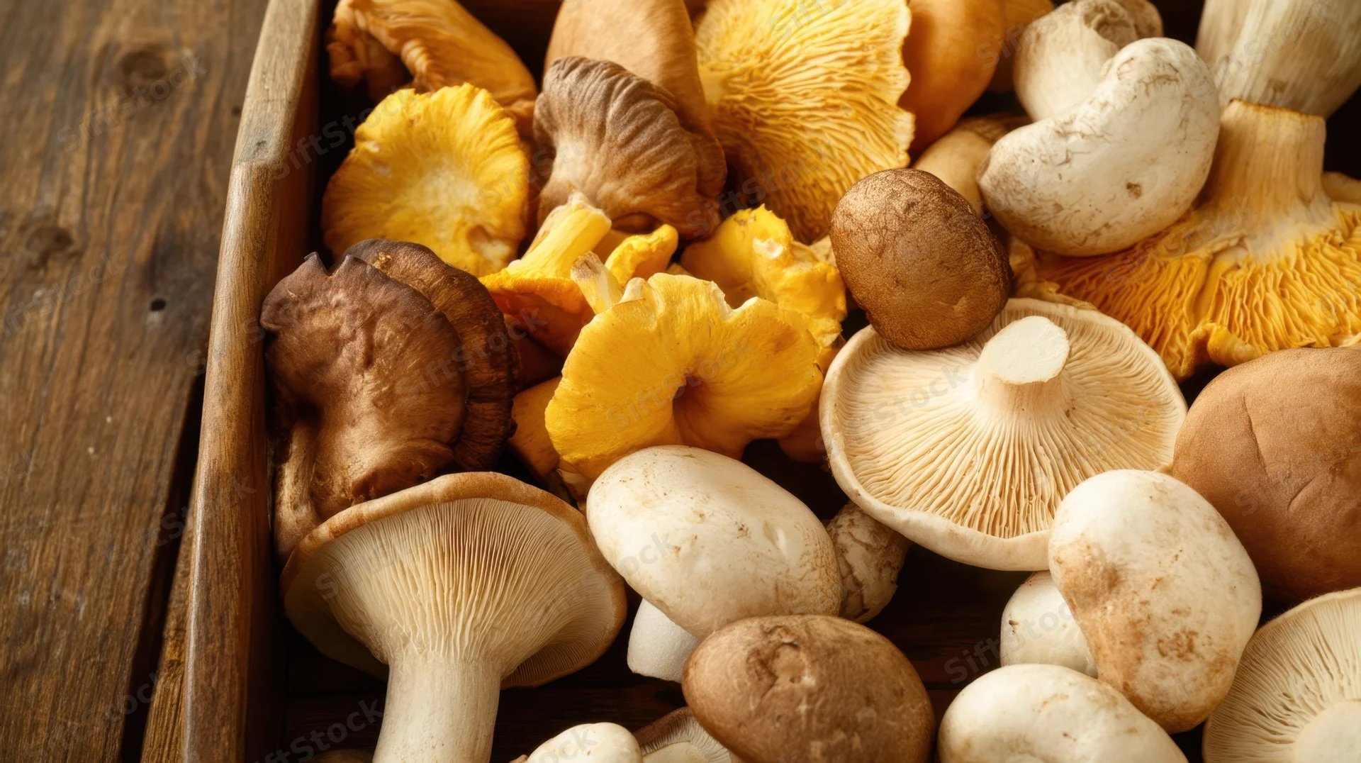 Assorted fresh mushrooms in a wooden tray on a rustic surface