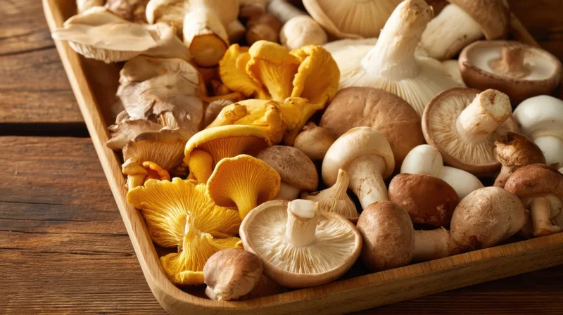 Various fresh mushrooms arranged in a wooden tray on a rustic table