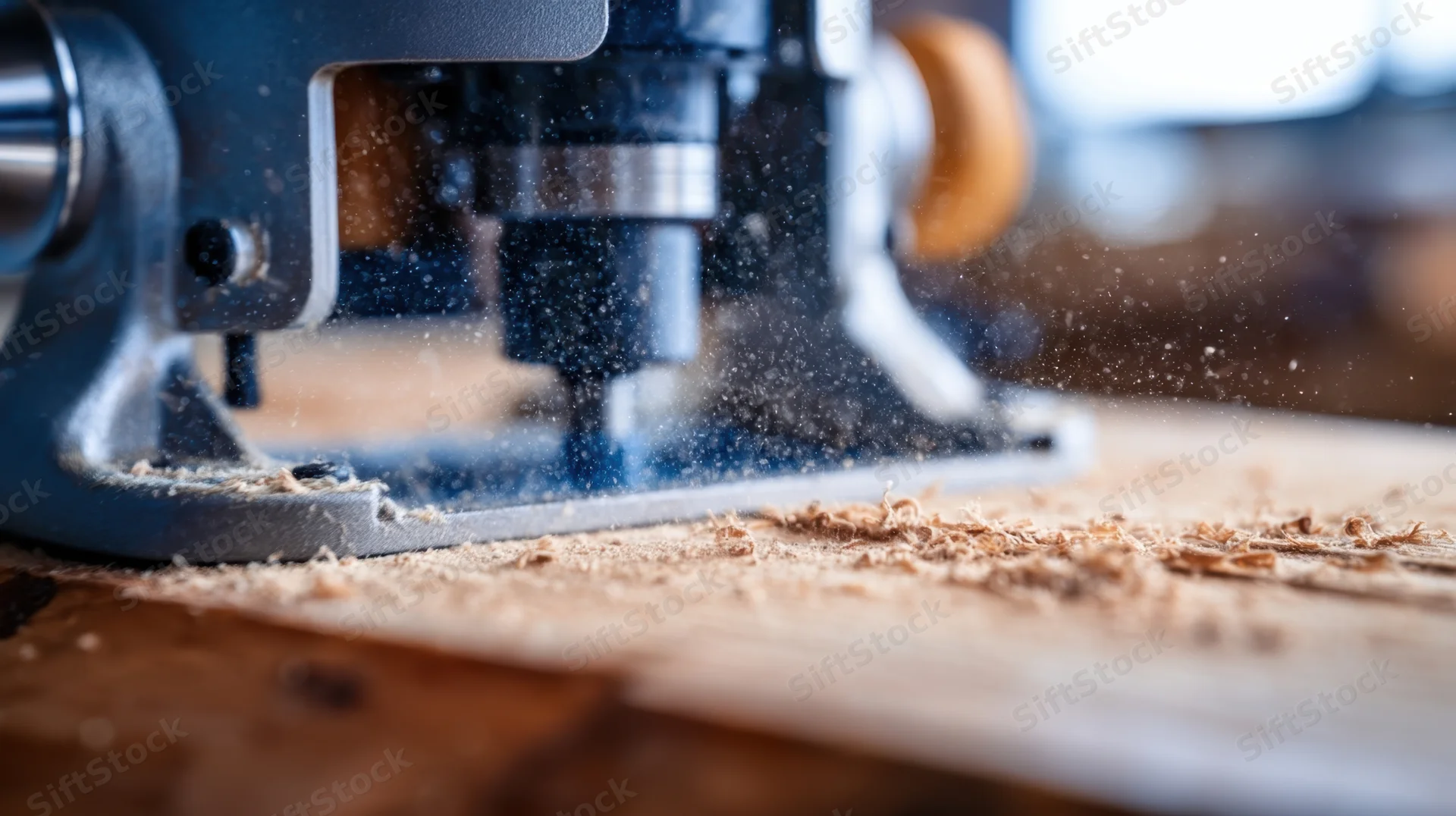 Router cutting wood in a workshop, creating wood shavings and dust
