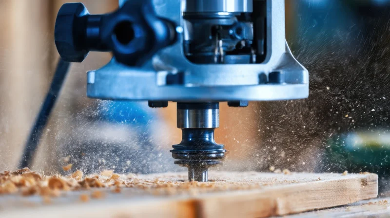 Router cutting wood in a workshop, creating sawdust and shavings