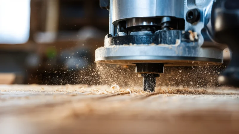 Router cutting wood in a workshop, creating sawdust and shavings on a workbench surface