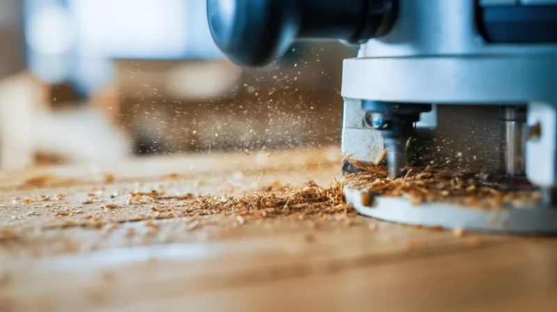 Close-up of a router cutting wood, creating sawdust on a workshop bench
