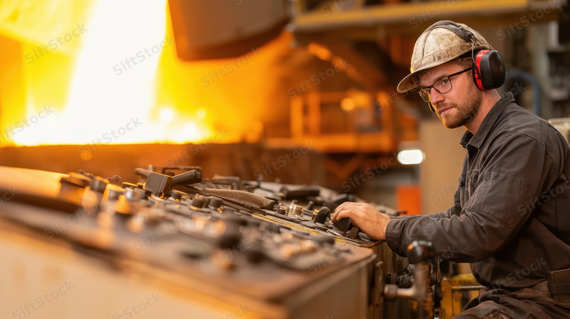 Worker operating control panel in front of glowing furnace at steel plant