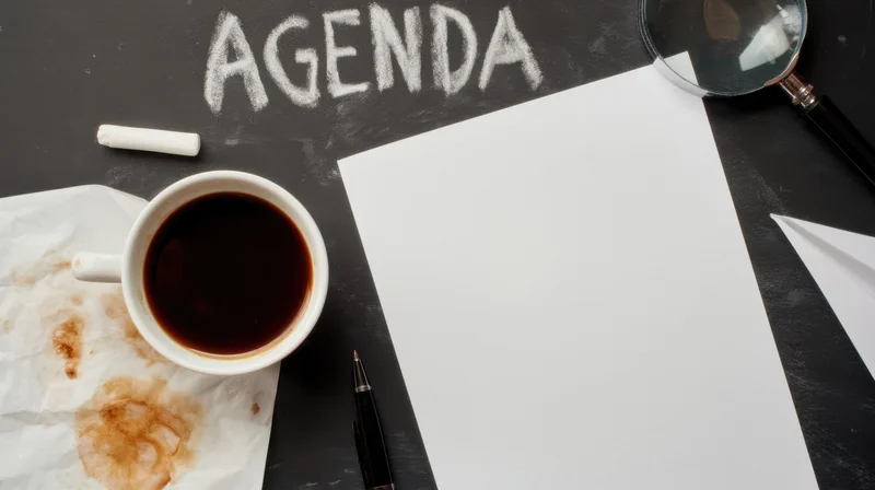 Workspace with agenda written in chalk on blackboard, coffee mug, pen, paper, and magnifier on desk