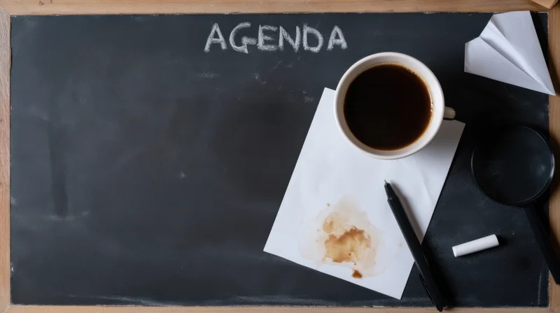 Chalkboard with agenda written in chalk, coffee cup, paper, pen and magnifier on wooden frame surface