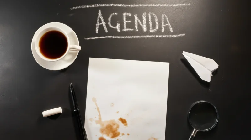 Overhead view of a workspace with agenda written in chalk, coffee cup, paper, pen, magnifier and paper airplane on black surface