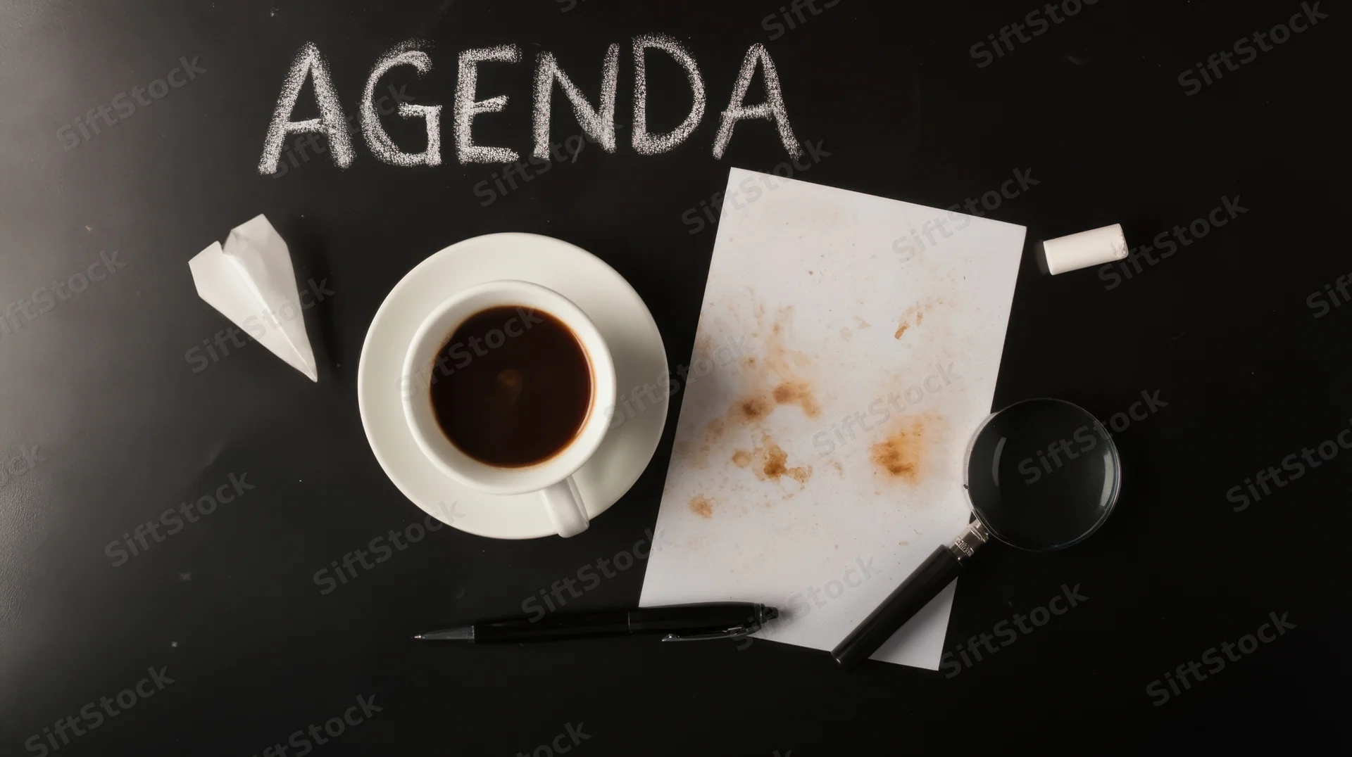 Coffee cup and paper with agenda written in chalk on black surface