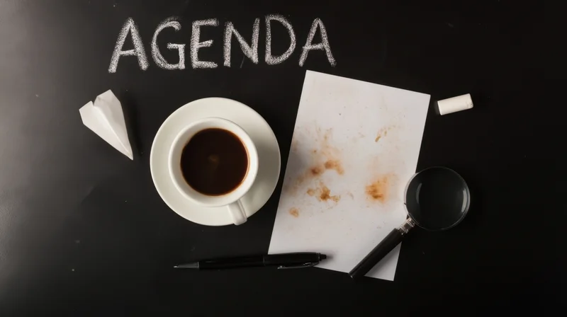 Coffee cup and paper with agenda written in chalk on black surface